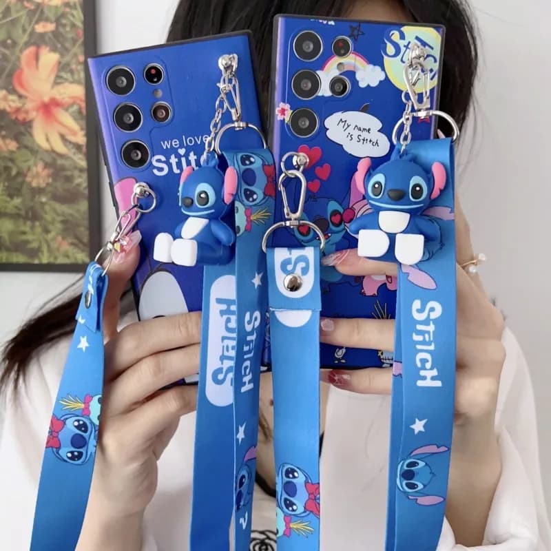 Capa para celular azul com design 3D do Stitch da Disney e cordão personalizado para Xiaomi Redmi 6