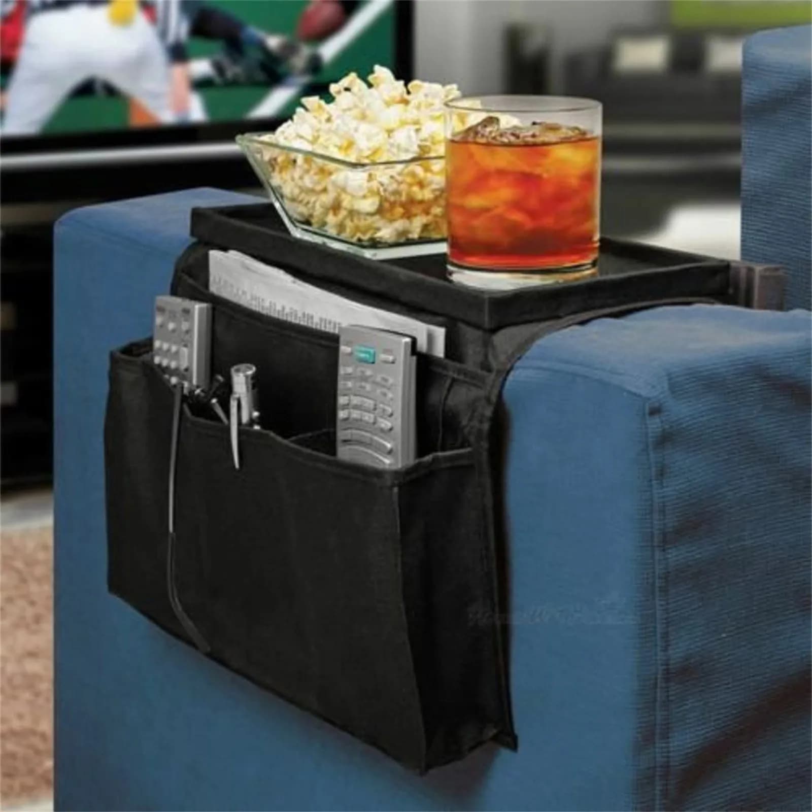 Organizador de apoio de braço antiderrapante com bandeja e compartimentos para remotes e canecas, para sofá reclinável.