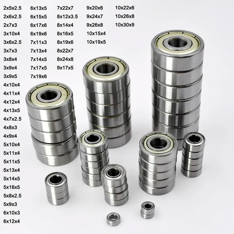 Kit de rolamentos pequenos com diferentes tamanhos e especificações listadas abaixo.