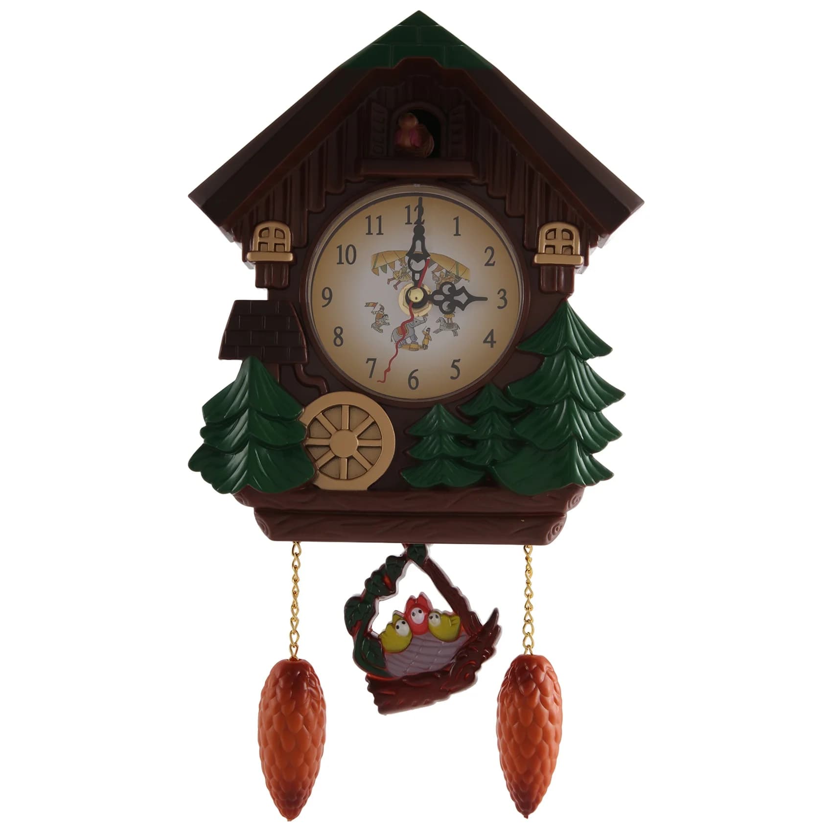 Relógio de parede em forma de casa com sino de pássaro e pêndula, ideal para decoração.