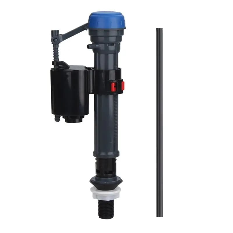 Válvula de enchimento universal para vaso sanitário com corpo preto e tampa azul, isolada contra fundo branco.