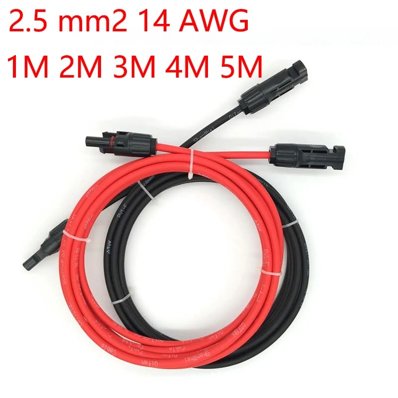 Cabo de Extensão do Painel Solar, Cobre Wire2.5 mm, 14AWG, Preto e Vermelho com Conectores de Cabo Solar PV, 1m, 2m, 3m, 4m, 5 m, 1 par