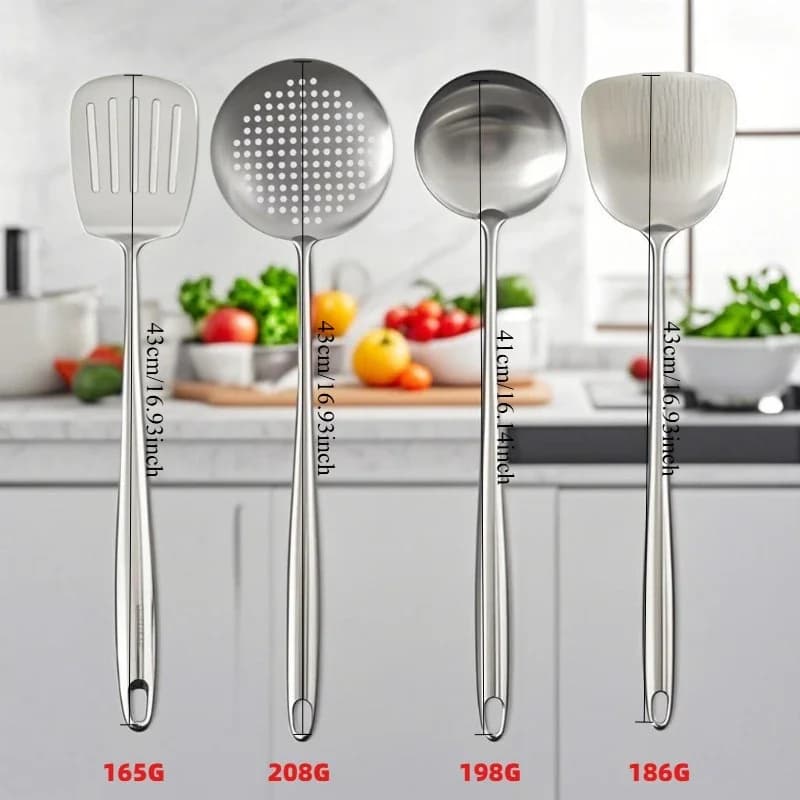 Conjunto 4 peças utensílios inox prata com medidas e pesos, espátula, escumadeira, concha e espátula larga