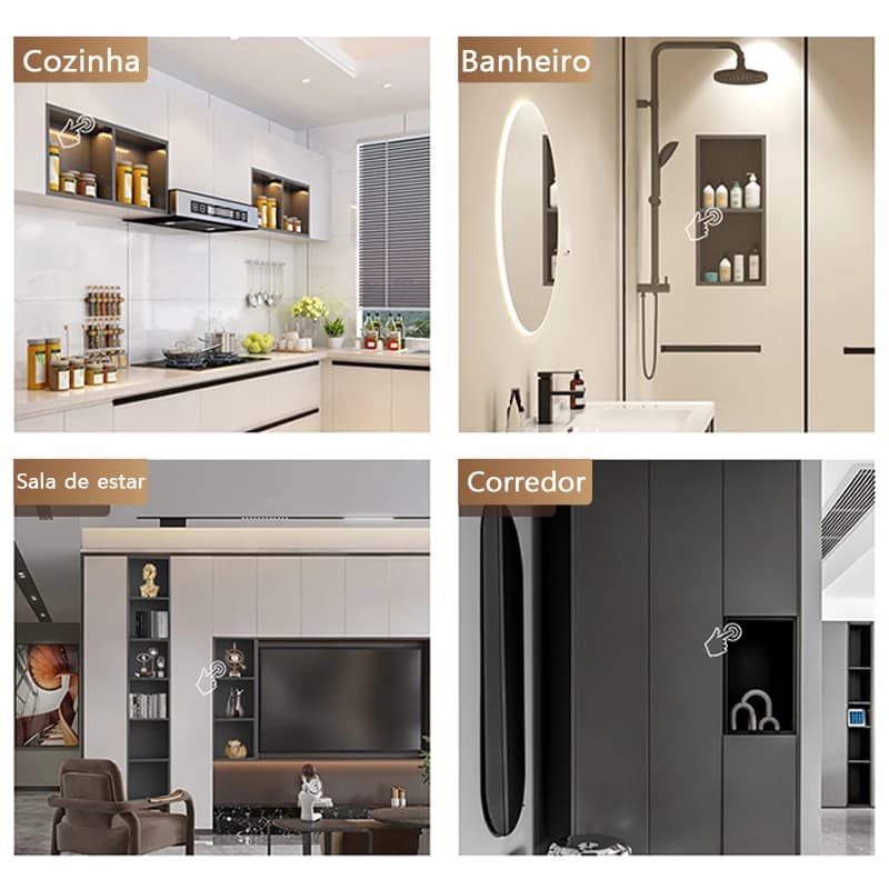 Armário de banheiro embutido Jácotei inox cinza e preto com iluminação LED em ambientes variados