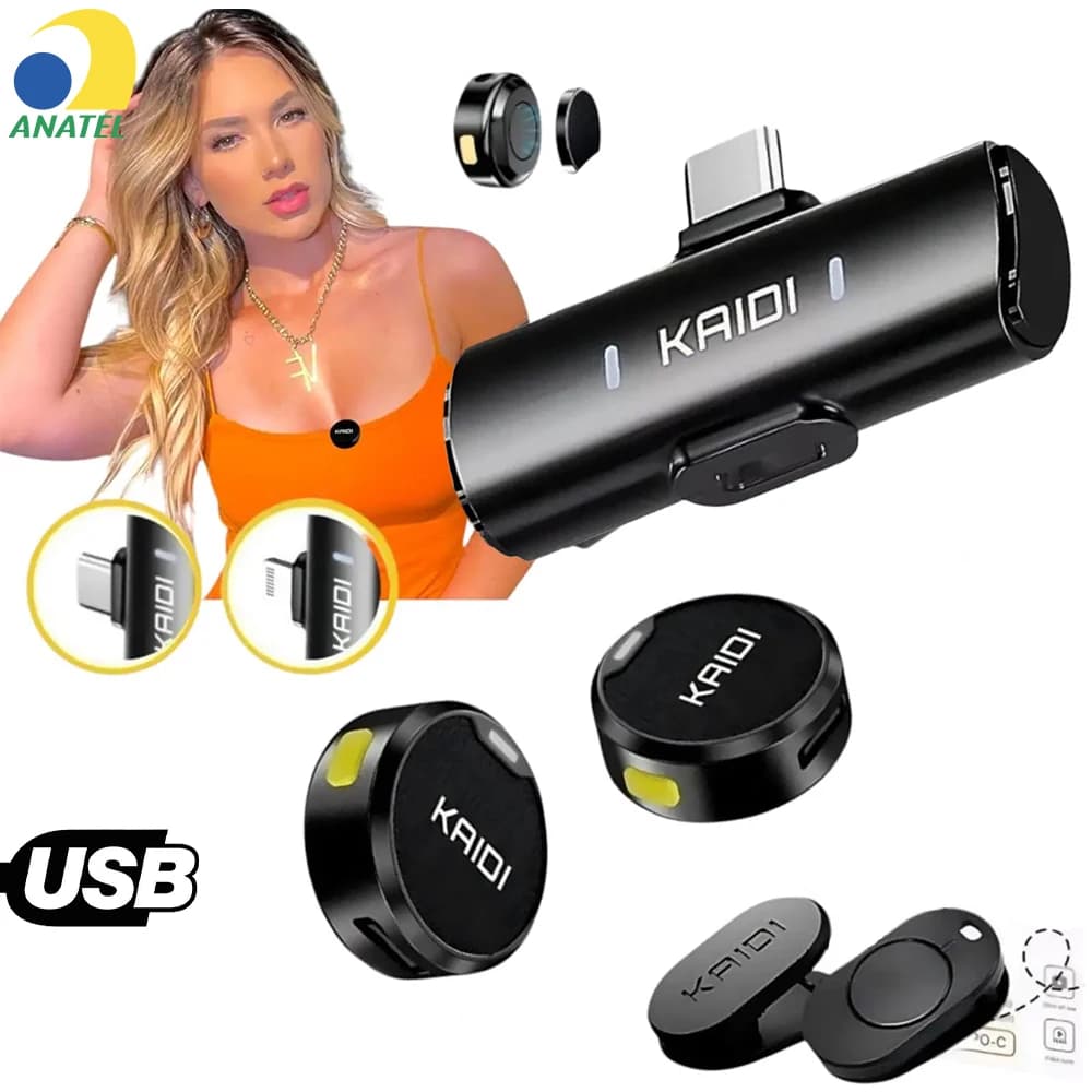 Microfone de lapela sem fio profissional Kaidi com conectores USB C e Lightning, acessórios e mulher de fundo laranja