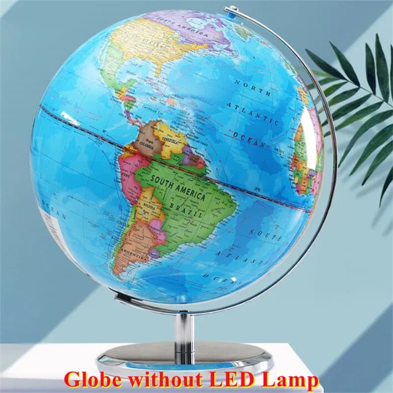 Globo terrestre decorativo azul sem iluminação LED, base metálica prateada, mapa político detalhado