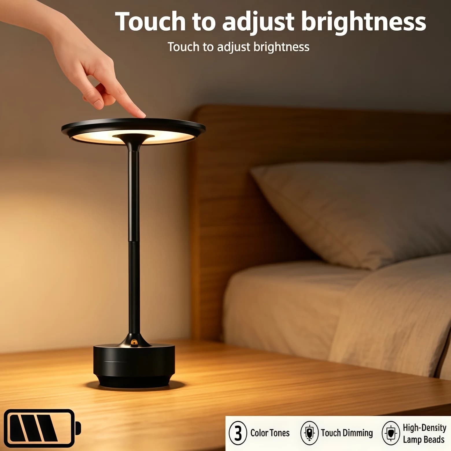 Luminária de mesa LED retrô com interruptor de toque e ajuste de brilho, iluminando uma mesa de madeira.