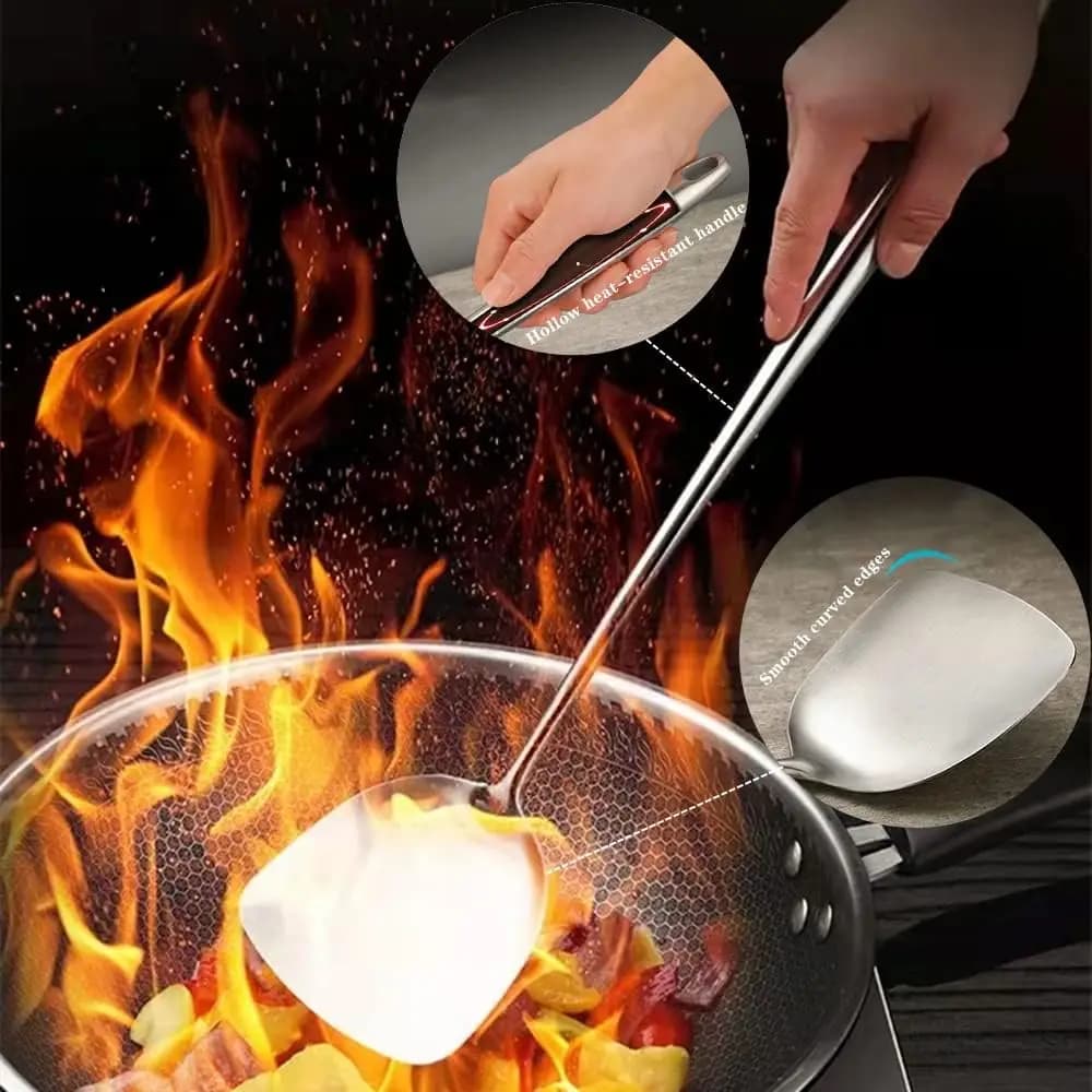 Conjunto de utensílios de cozinha wok em inox com espátula e concha resistentes ao calor