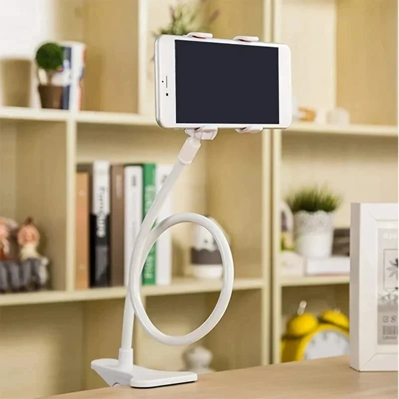 Suporte universal para celular com braço longo de 75 cm, branco, ajustável, preso à mesa.