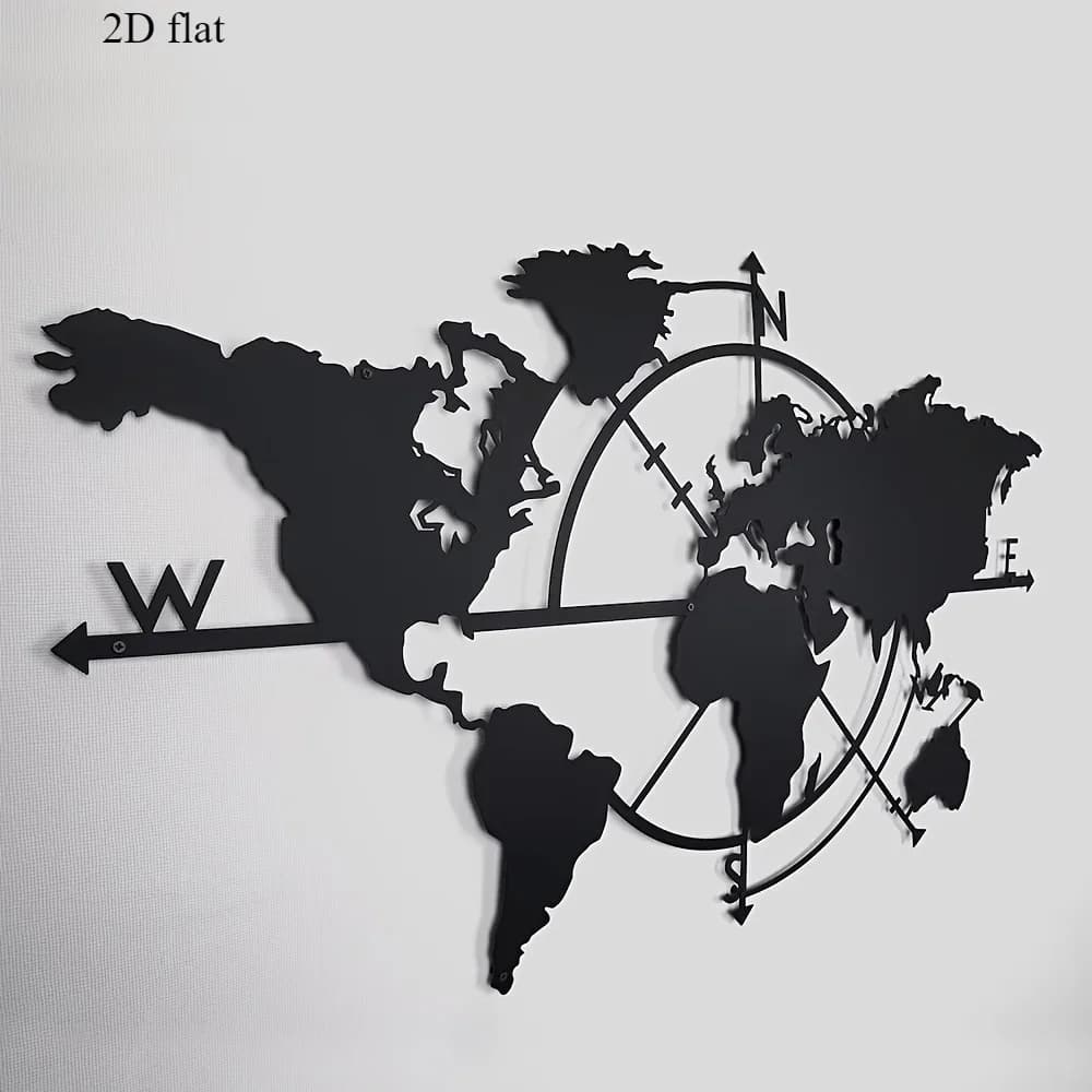 Arte de parede em metal 2D com mapa do mundo e bússola, preto e cinza