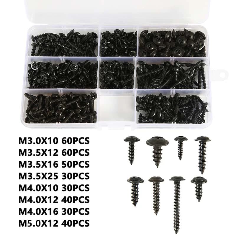 Kit parafusos auto-roscantes pretos com cabeça panela e redonda com descrição de tamanhos e quantidades