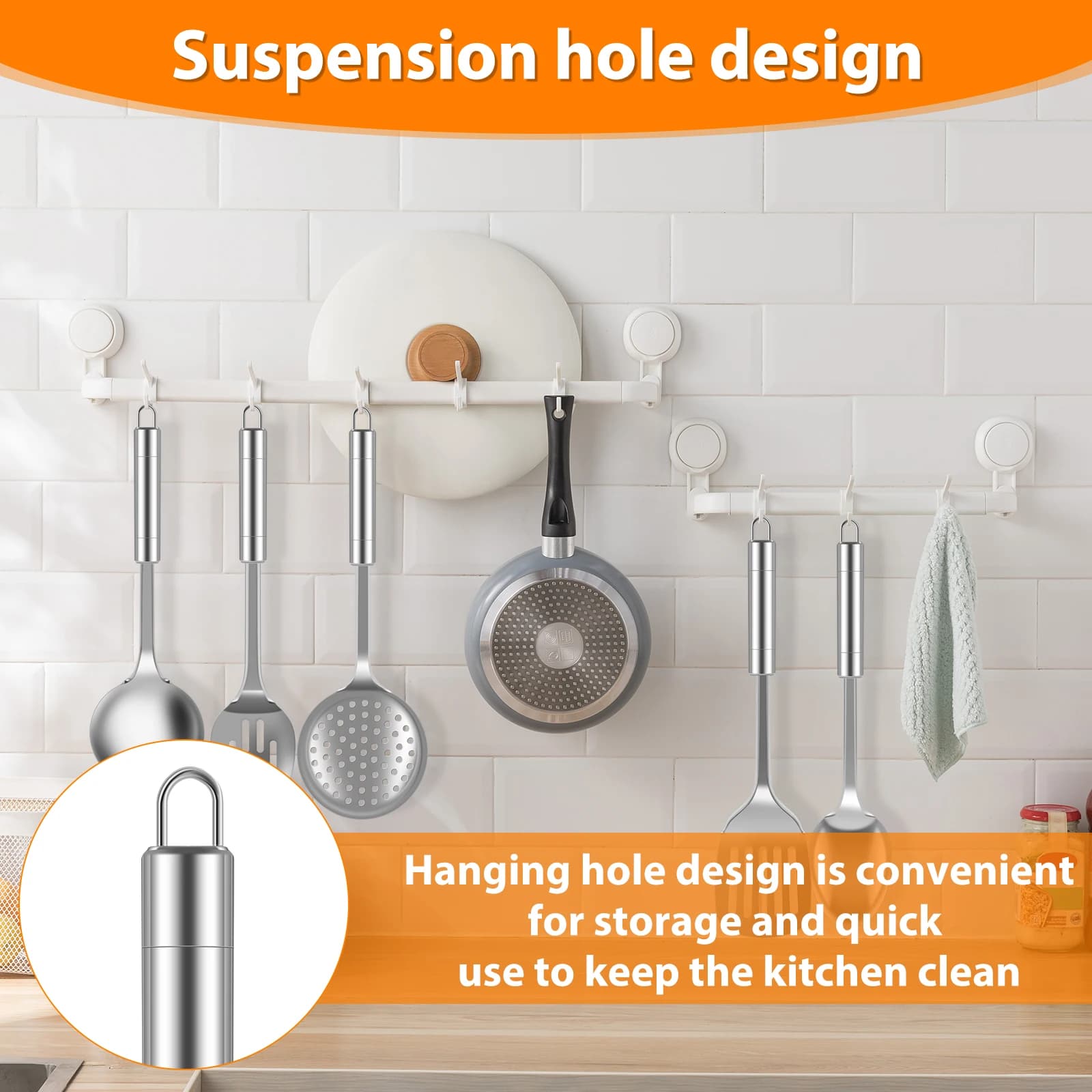 Conjunto de utensílios de cozinha inox prateado com design de furo para pendurar e armazenamento prático