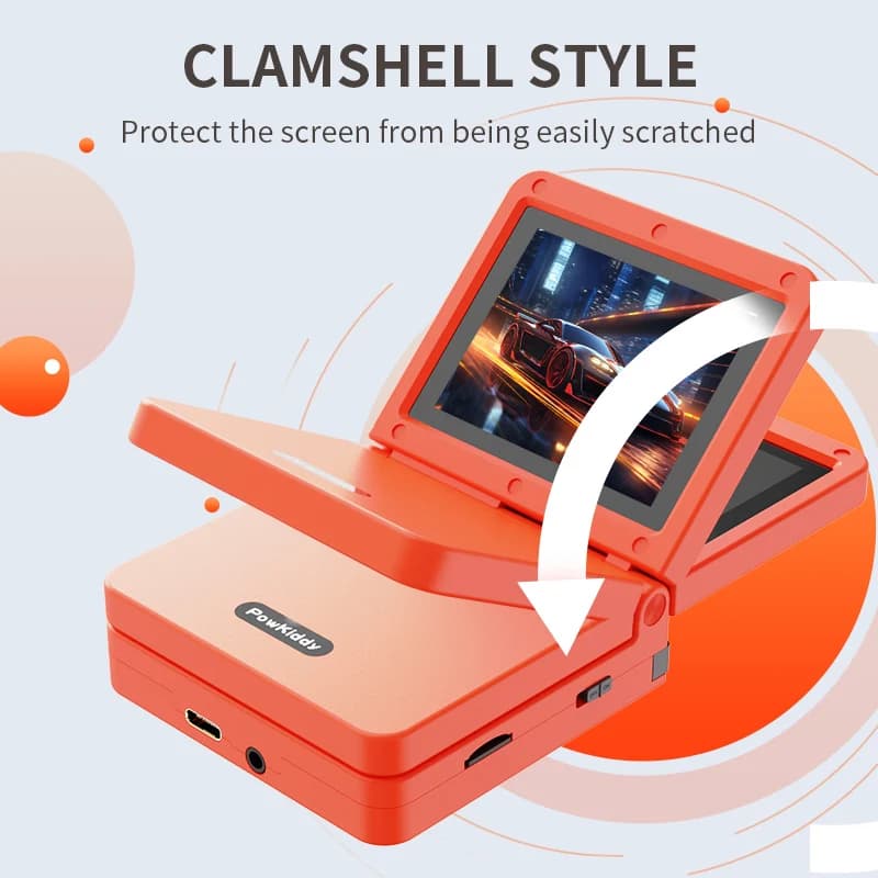 Console de jogo portátil Powkiddy V90 laranja estilo flip com tela IPS protegida contra riscos