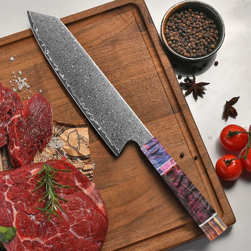 Faca Kiritsuke japonesa de 8 polegadas, aço Damasco, cabo de madeira, lâmina afiada