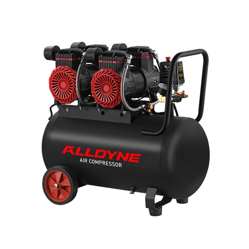 Compressor de ar portátil Alldyne, três cilindros vermelhos e pretos, rodas vermelhas, fundo branco