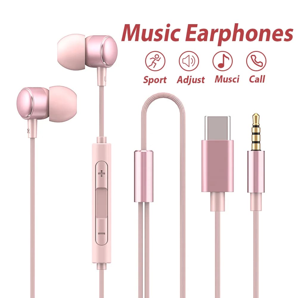 Fone de ouvido estéreo com fio rosa com conector USB tipo C e 3.5mm