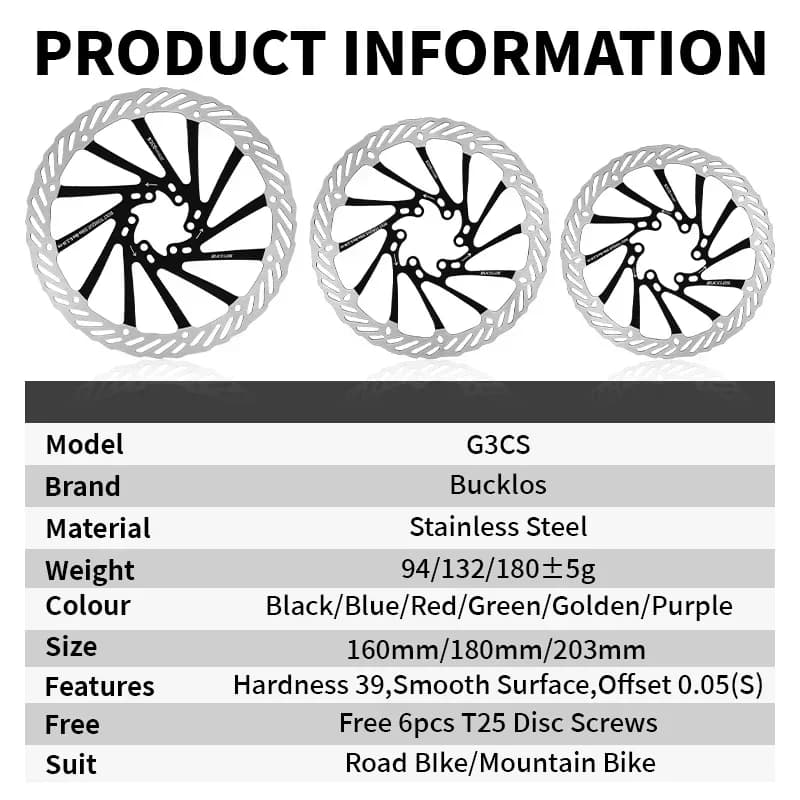 Discos de freio Bucklos G3CS em aço inoxidável com cores variadas e tamanhos 160, 180 e 203mm