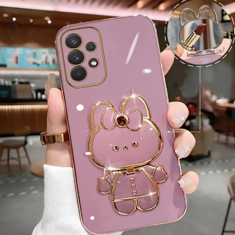 Capa transparente dourada para Samsung Galaxy A Series com suporte formato ursinho rosa