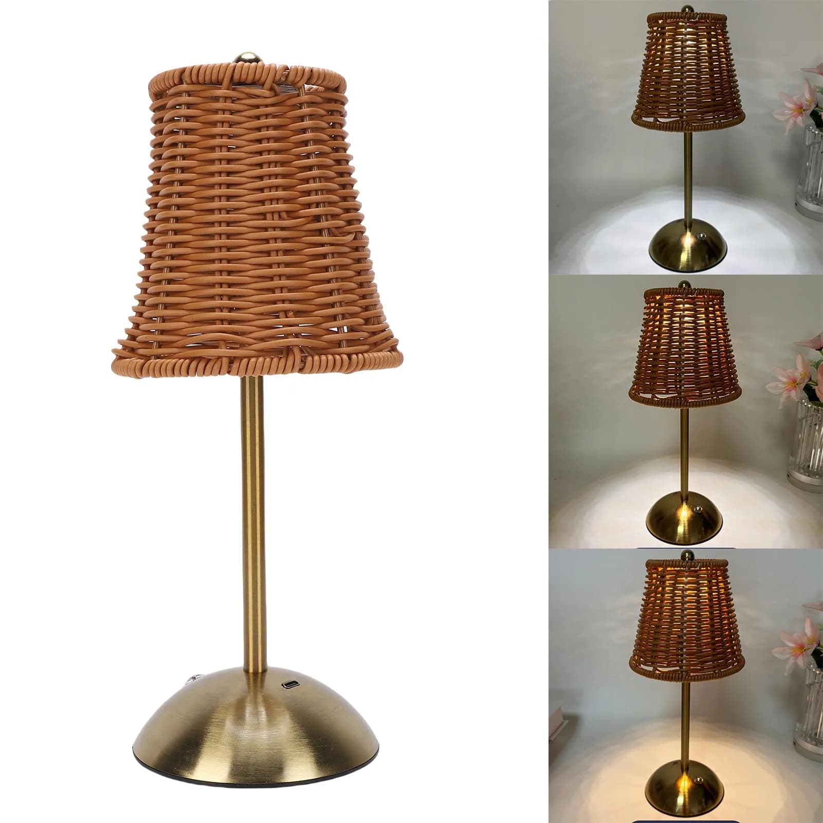 Luminária de mesa vintage com cúpula de rattan e base de metal dourado