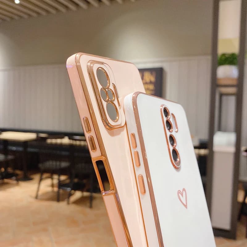 Capa de silicone branca para Redmi Note 10 Pro com coração quadrado e bordas douradas