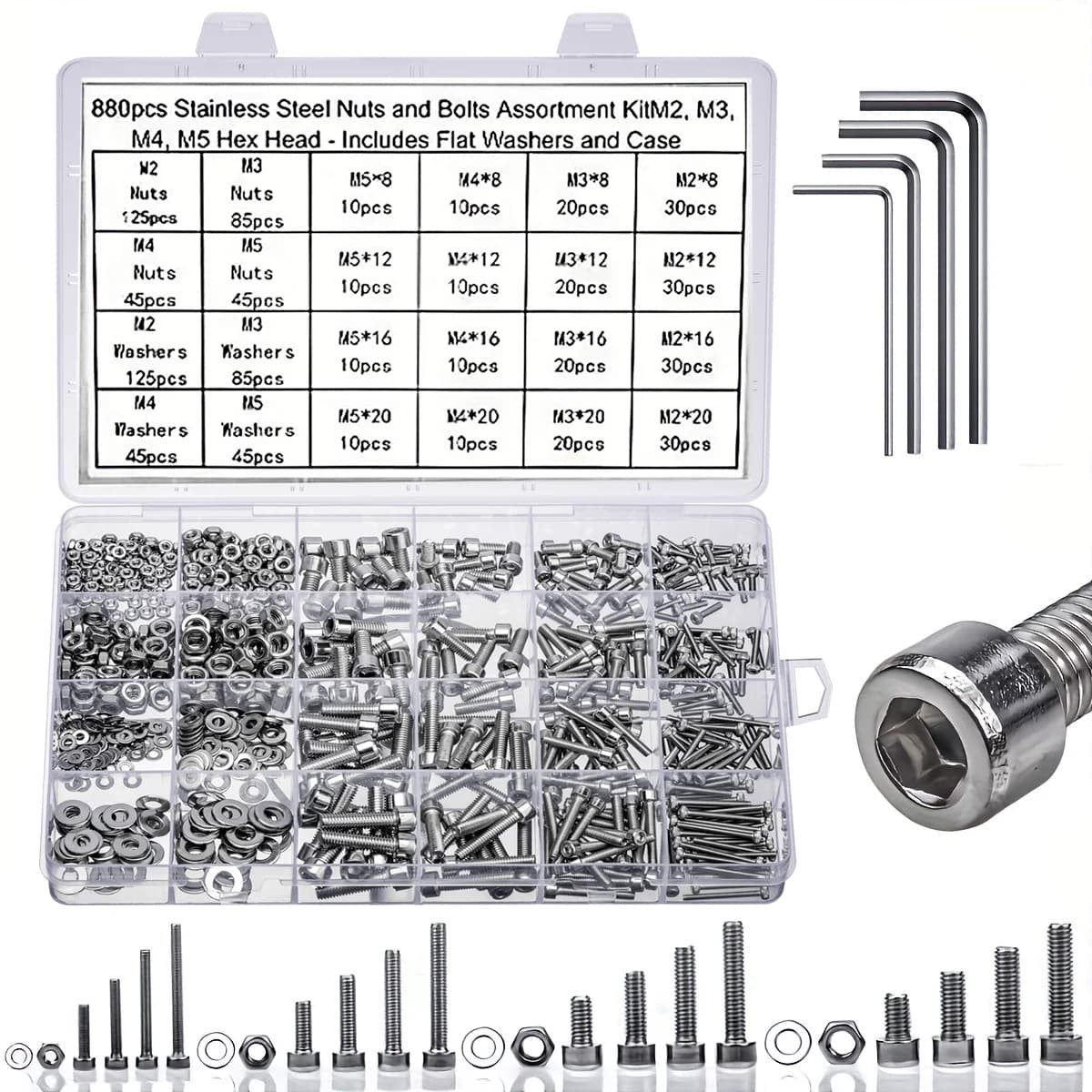 Kit de parafusos de cabeça de copo de aço inoxidável 880 peças com chaves e porcas