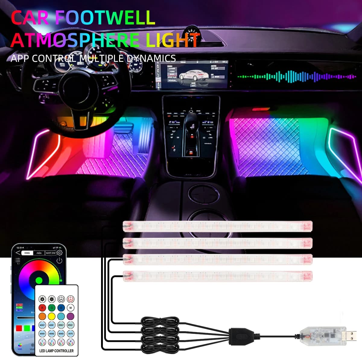 Luz Ambiente Neon 2/4 em 1 para Carro com 12/18 LEDs, Controle Remoto Sem Fio, USB e APP, Lâmpada Decorativa Atmosférica Arco-Íris