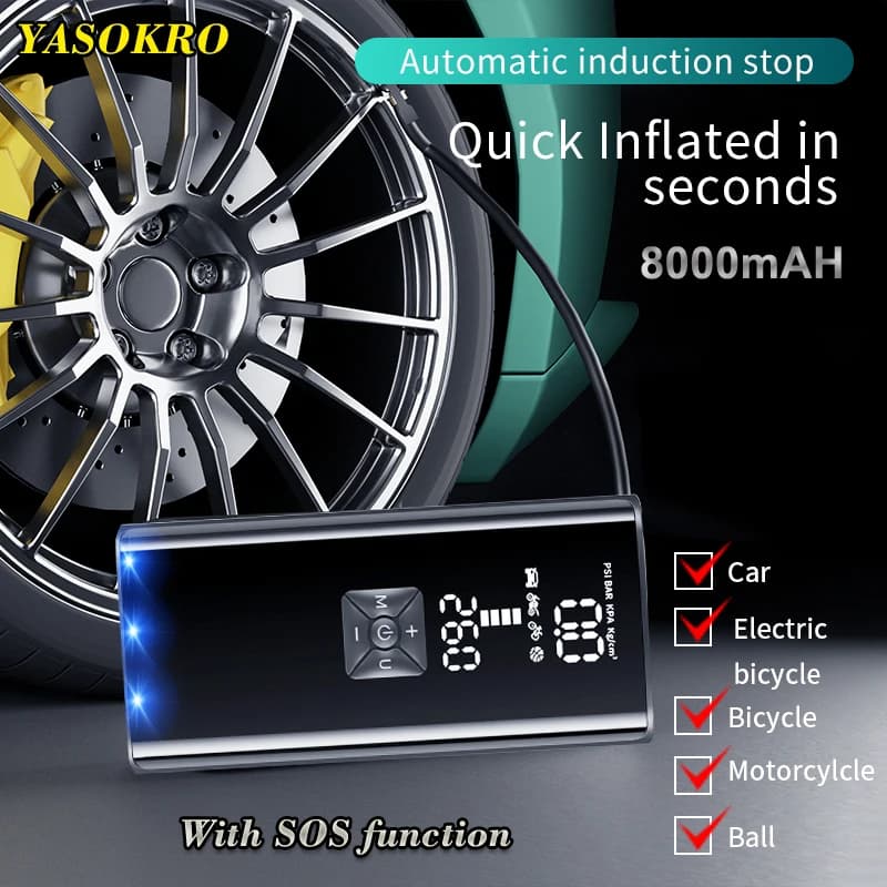 Compressor de ar portátil para carro, bicicleta, motocicleta e bolas, 8000mAh, 12V, 150psi, elétrico, sem fio