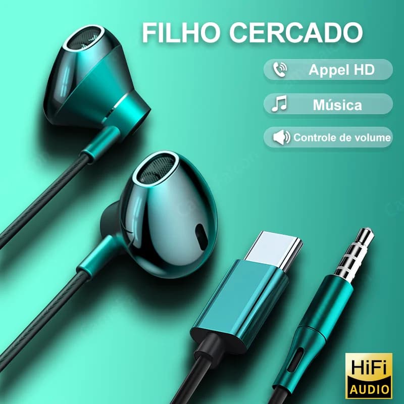 Fone de ouvido com fio turquesa metálico com controle de volume e microfone
