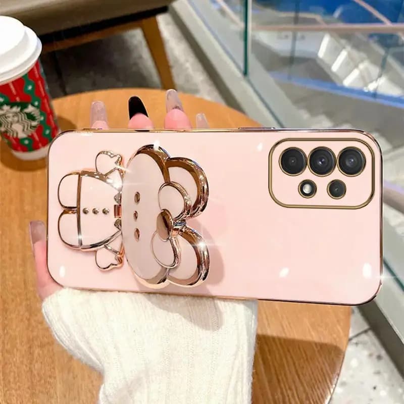 Capa rosa clara para Samsung Galaxy A Series com suporte espelho dourado formato ursinho