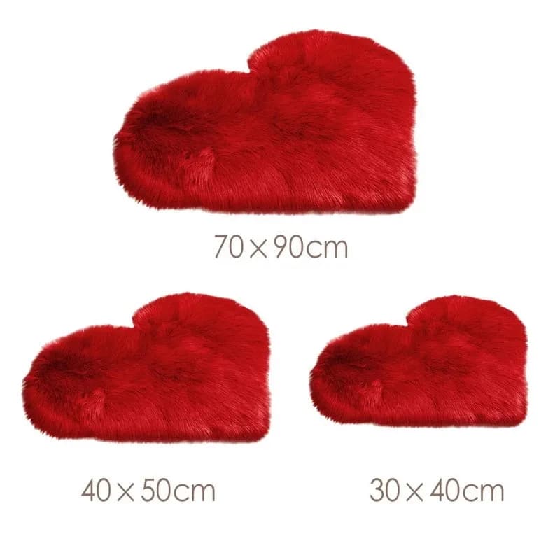 Tapetes de coração vermelho em forma de coração com medidas 70x90cm, 40x50cm e 30x40cm