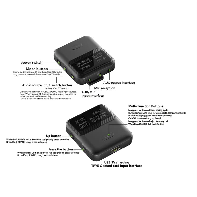 Adaptador de áudio sem fio com botões rotulados e interfaces de entrada e saída