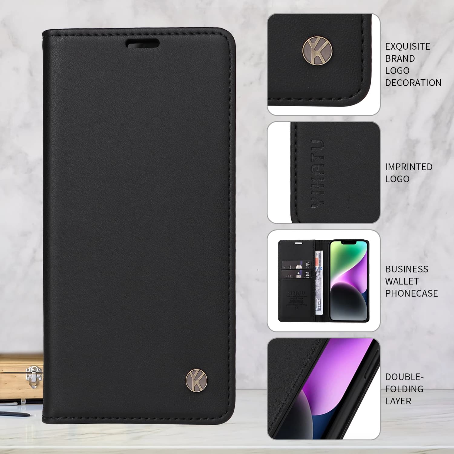 Capa carteira preta YIKATU para Motorola Moto g Series com logo metálico e slots para cartão e dinheiro