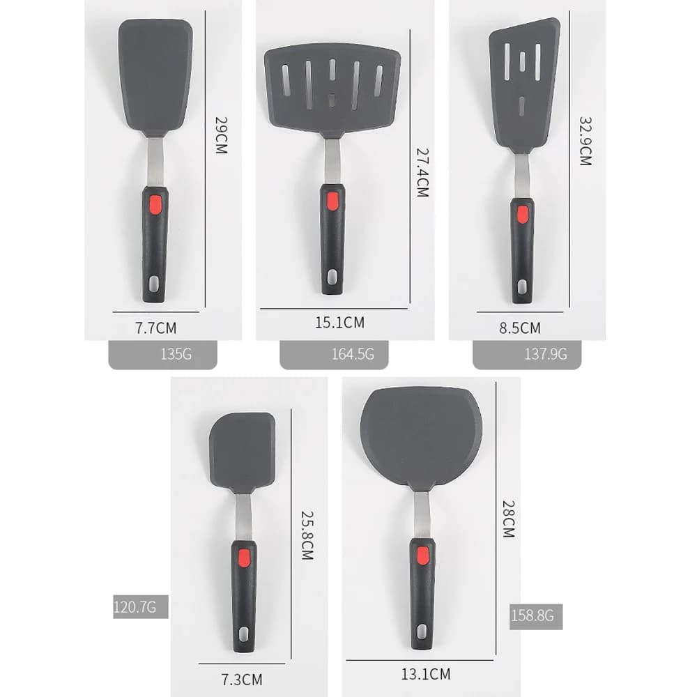 Dimensões e peso das espátulas de silicone cinza com cabo preto e detalhe vermelho para cozinha