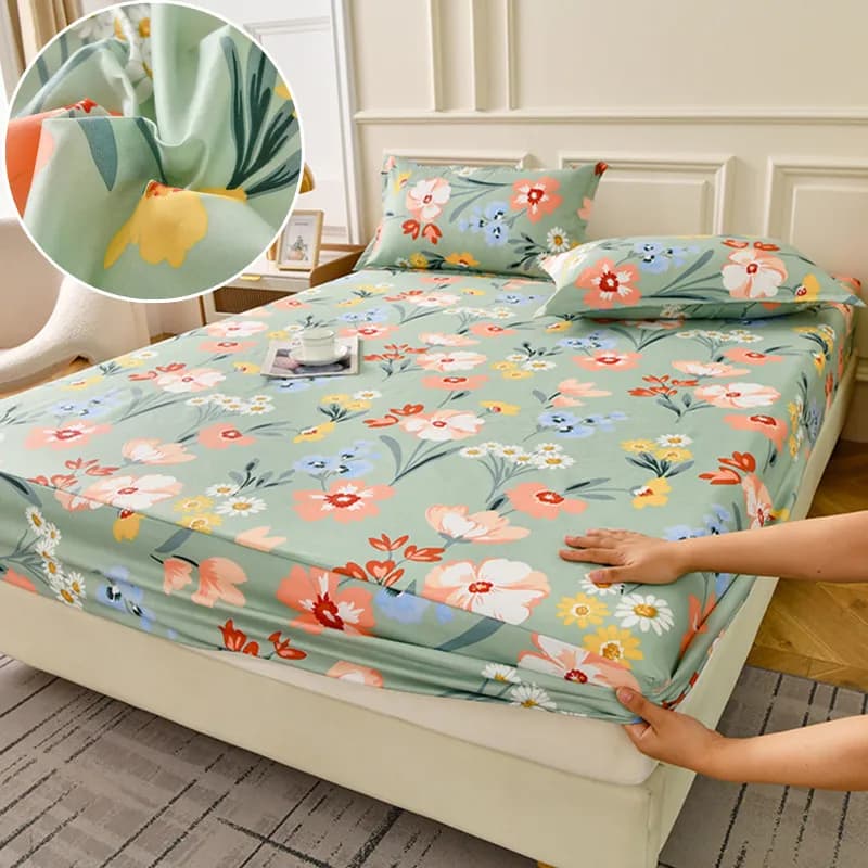Jogo de lençol floral verde com estampa de flores multicoloridas, elástico, para cama.