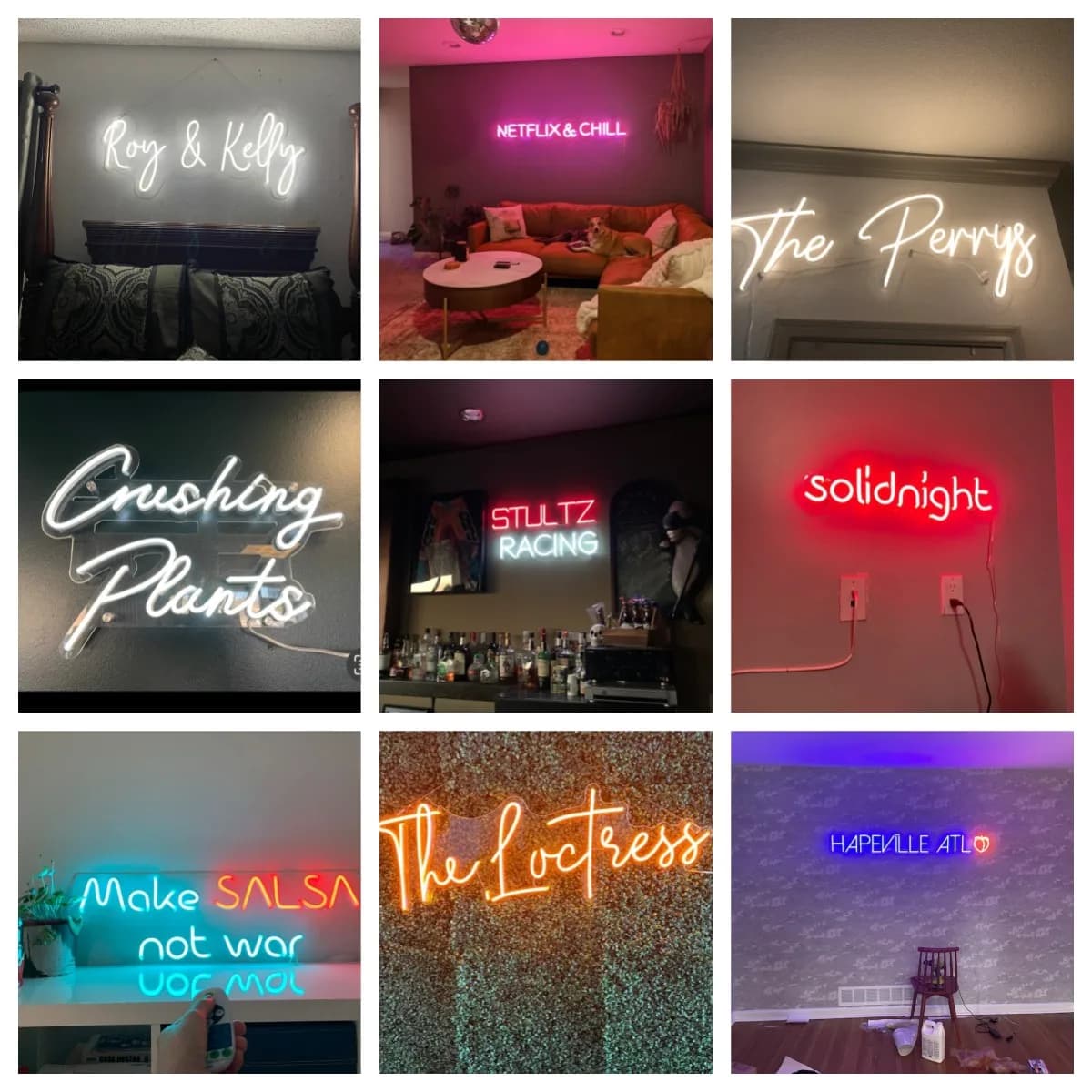 Letreiro neon personalizado com texto 'Custom Neon Signs' em neon colorido