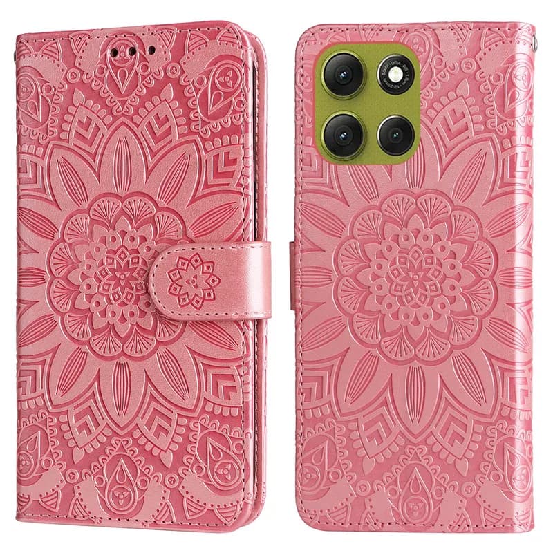 Capa para celular rosa em couro com estampa floral em relevo para Motorola Moto G06