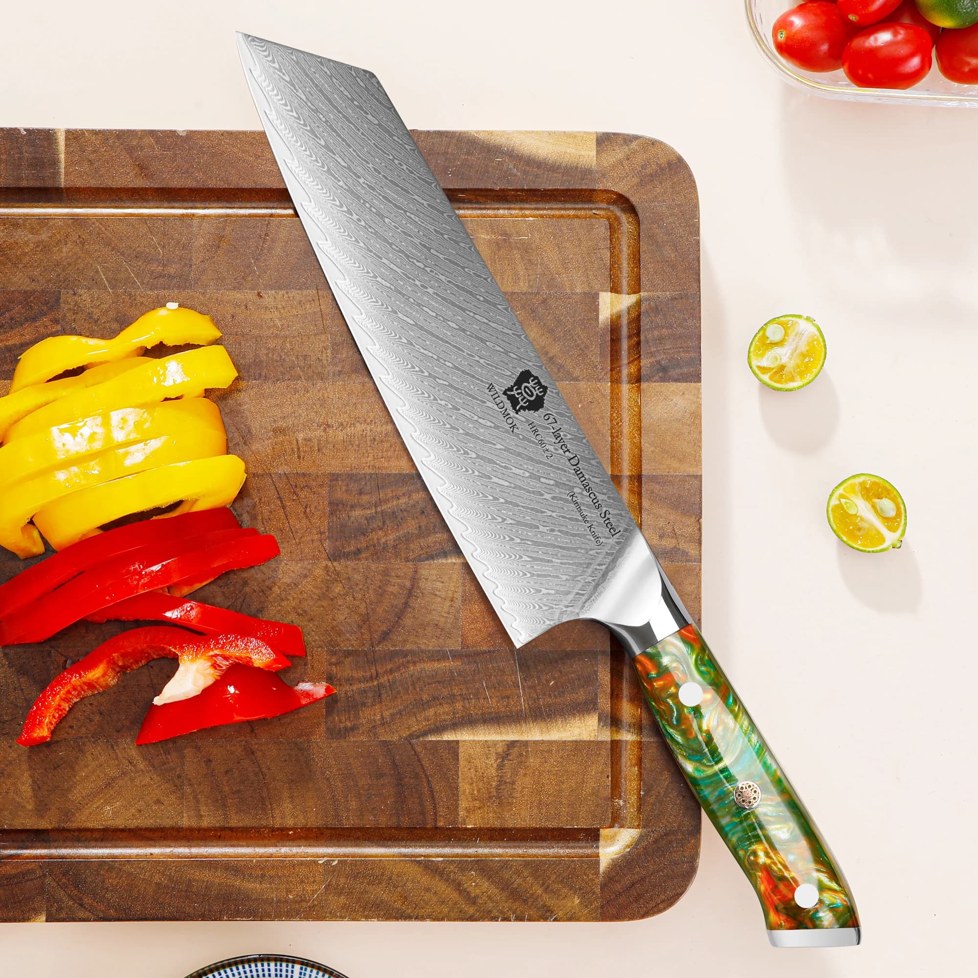Faca de cozinha WILDMOK Kiritsuke lâmina Damasco 8,5 polegadas cabo azul com lâmina estampada e legumes fatiados