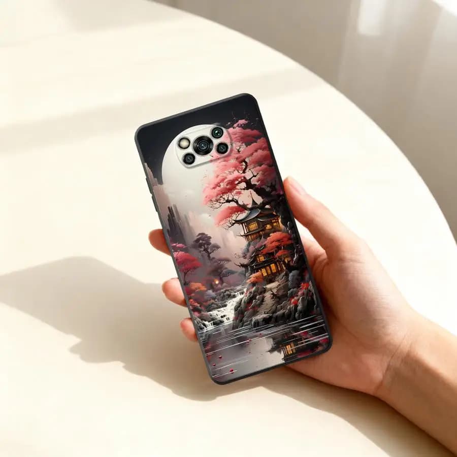 Capa de telefone soft com arte paisagística vermelha e preta para Xiaomi Poco C71 C85 e outros modelos