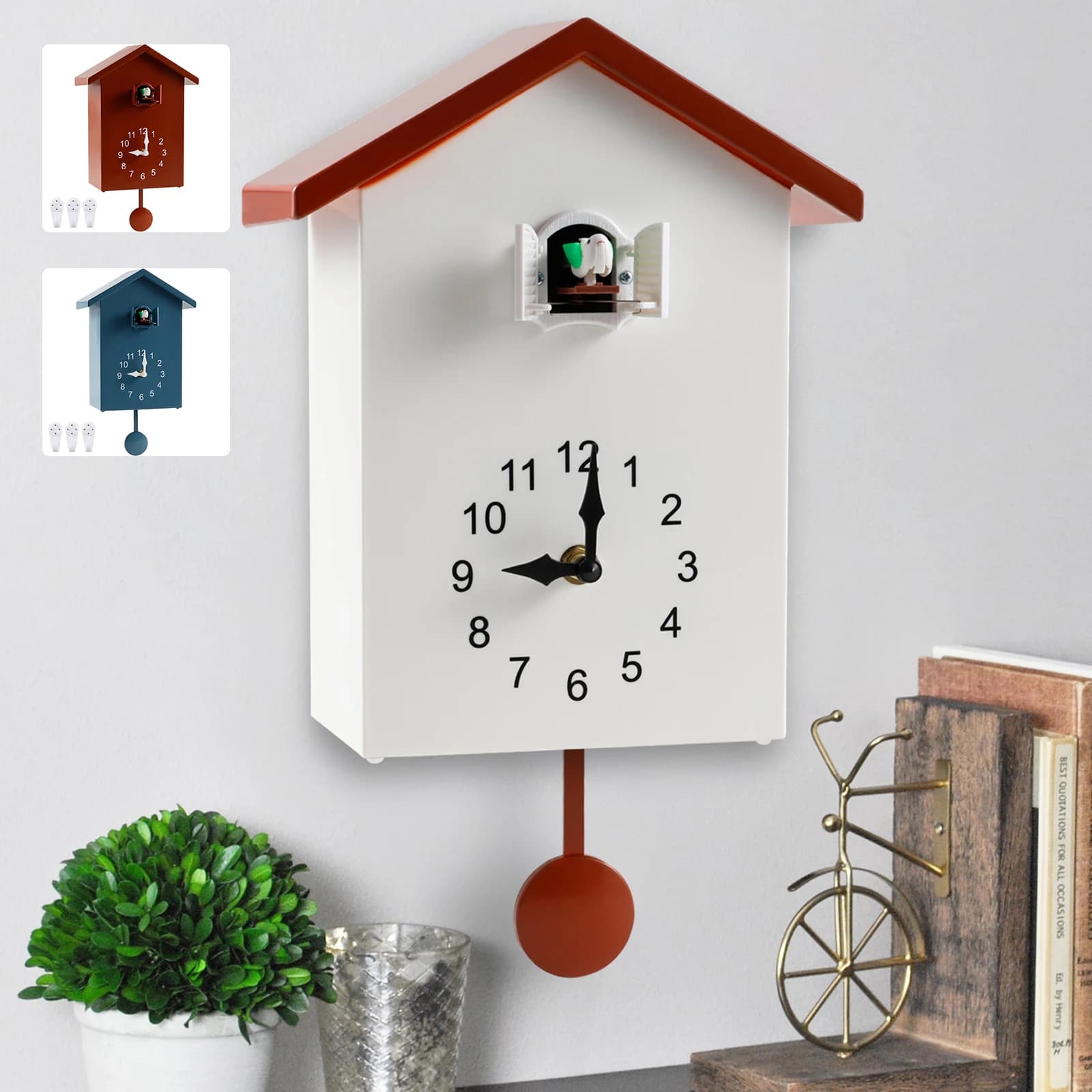 Relógio de parede em forma de casa com pássaro e design minimalista, branco e vermelho.