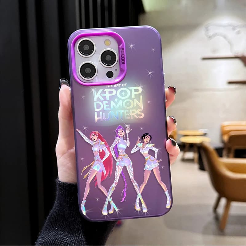 Capa roxa para Xiaomi POCO X7 com borda rosa e estampa holográfica K-KPop Demon Hunters
