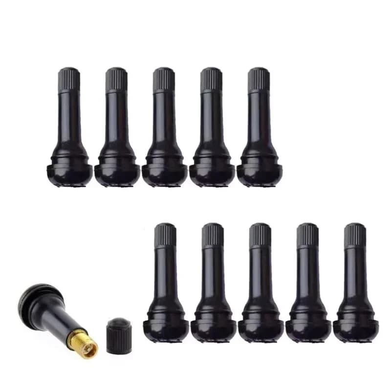 Conjunto com 10 válvulas TR413 snap-in pretas de borracha para pneus automotivos sem câmara com tampas