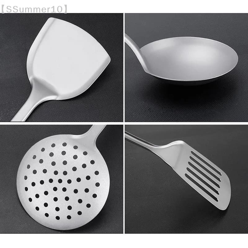 Detalhes próximos dos utensílios de cozinha inox prata metálica com espátula, concha, escumadeira e espátula vazada