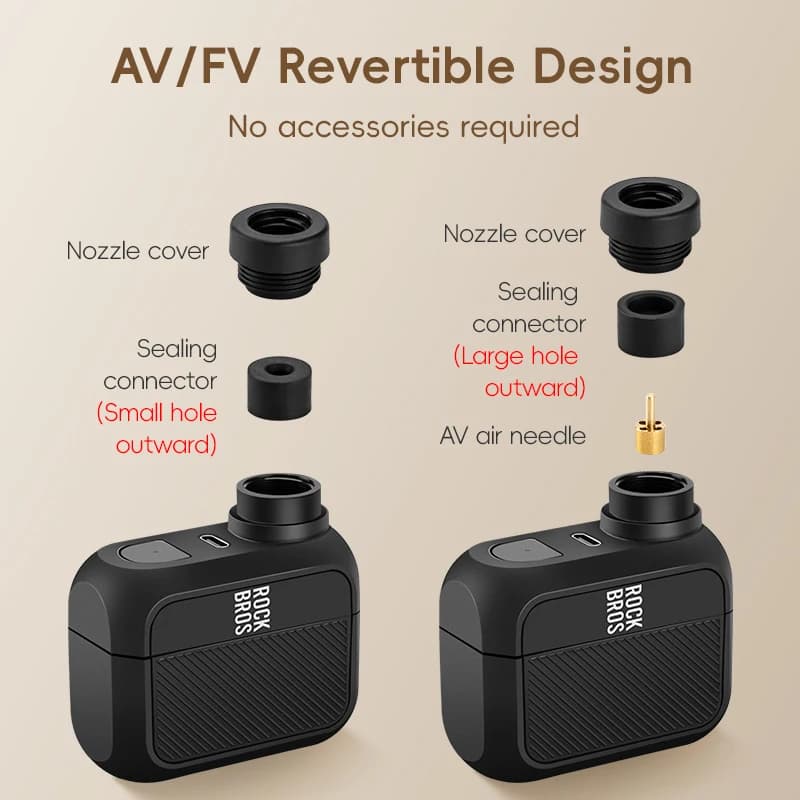 Bomba de ar elétrica portátil Rockbros preta com design reversível AV/FV e acessórios desmontáveis