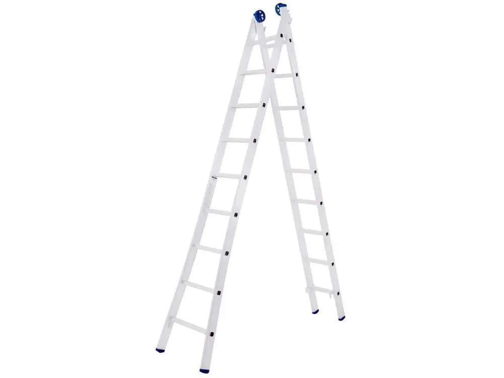 Escada de alumínio articulada extensiva com 18 degraus, design branco com detalhes azuis