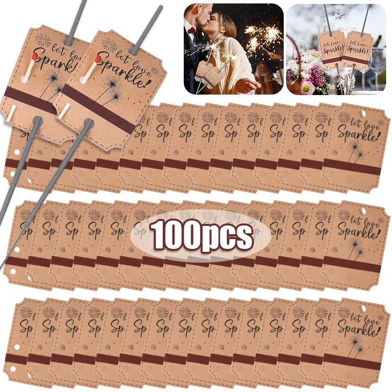 Etiquetas de presente brilhantes para casamento, 100 peças, com design de margarida, fundo marrom, texto 'Let Love Sparkle'.