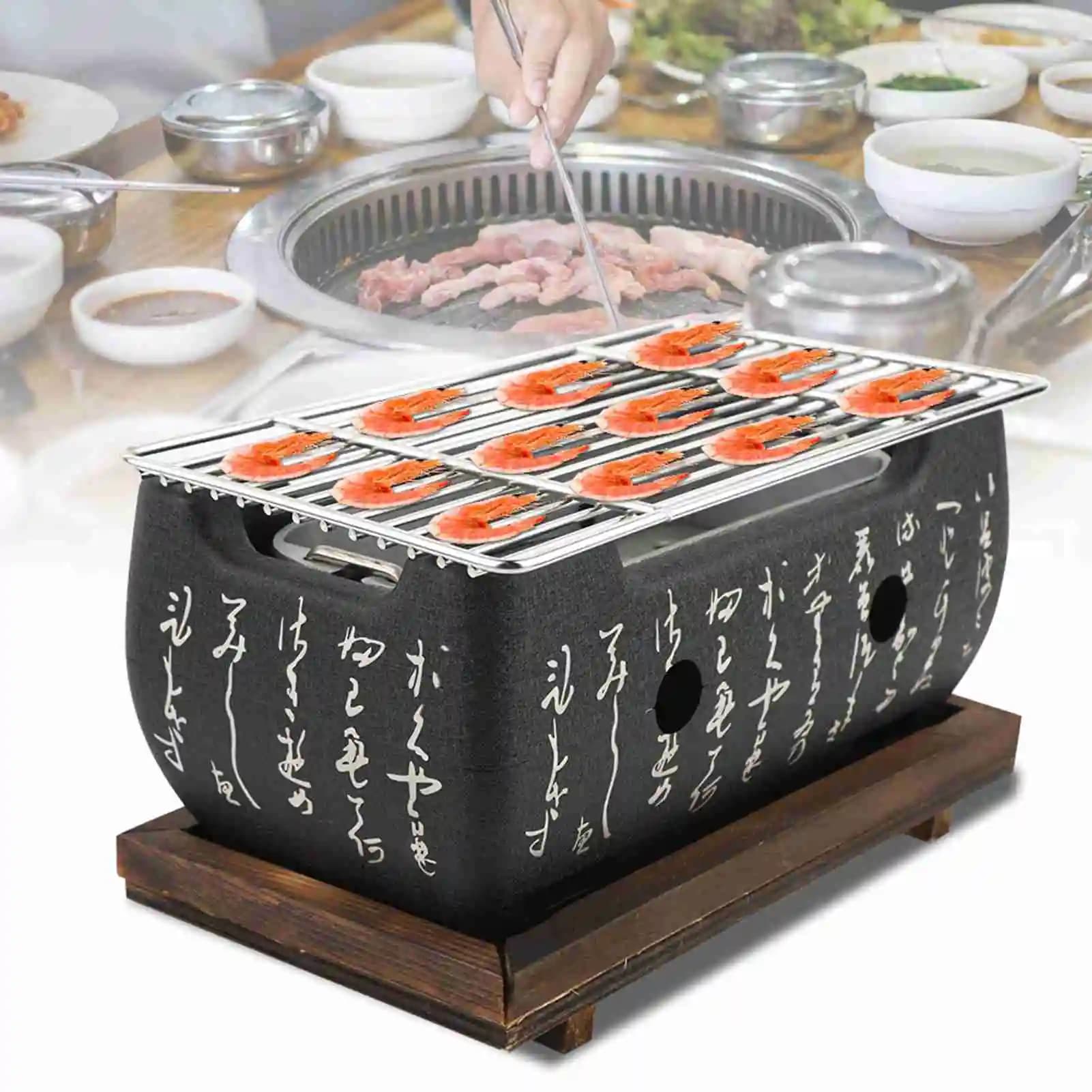 Forno retangular japonês para churrasco com grelha de aço inoxidável