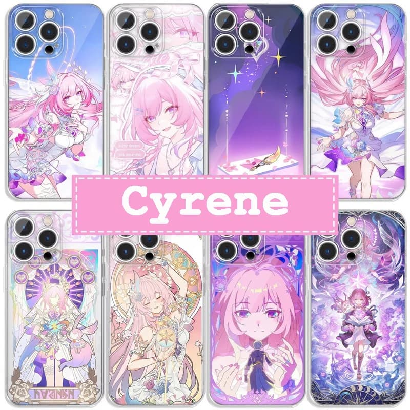Capas de telefone transparentes com personagens de anime, fundo escuro, cores vibrantes, personagem rosa, azul e roxo, texto Cyrene.