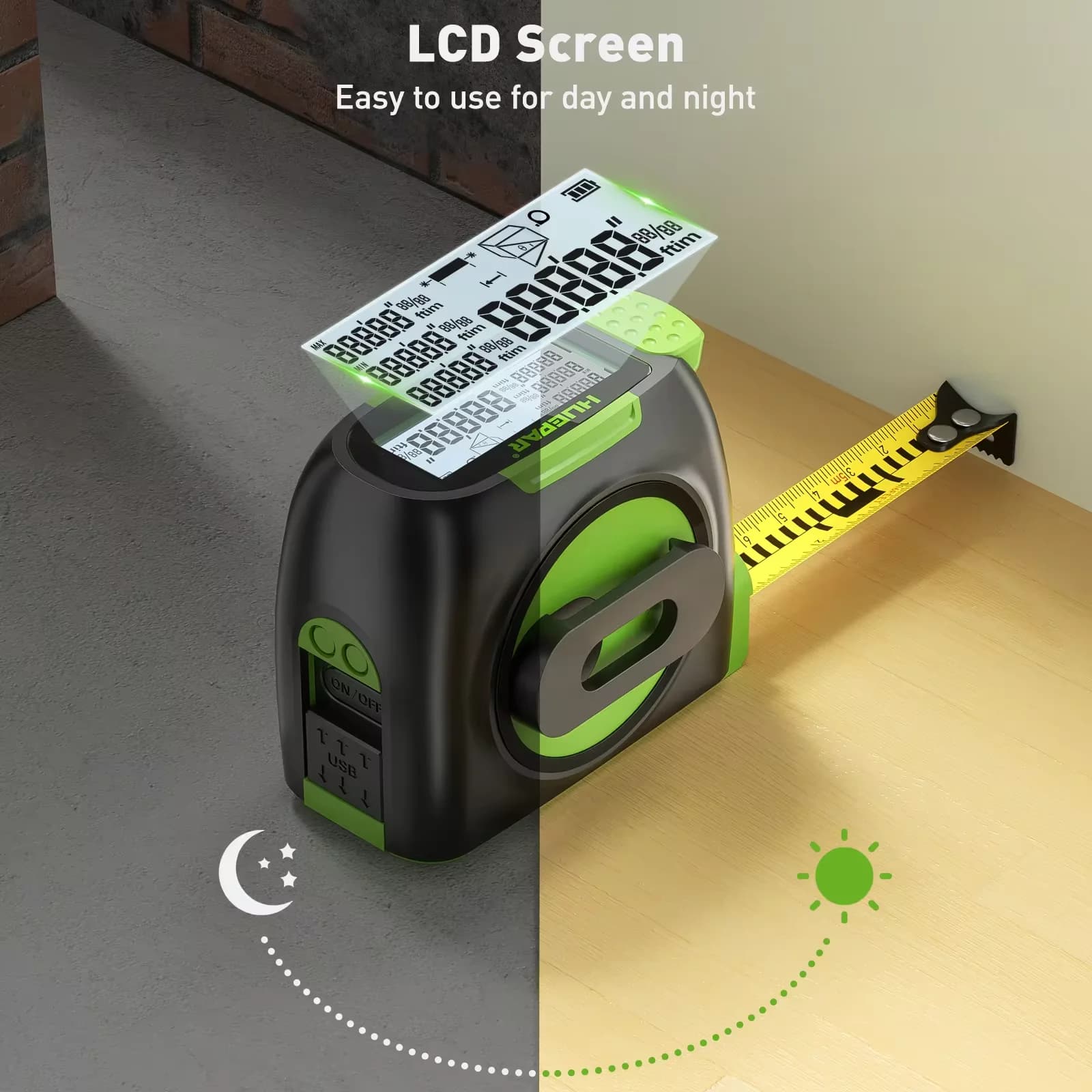 Medidor de distância Huepar DT30 verde com fita métrica amarela e tela LCD iluminada para uso dia e noite