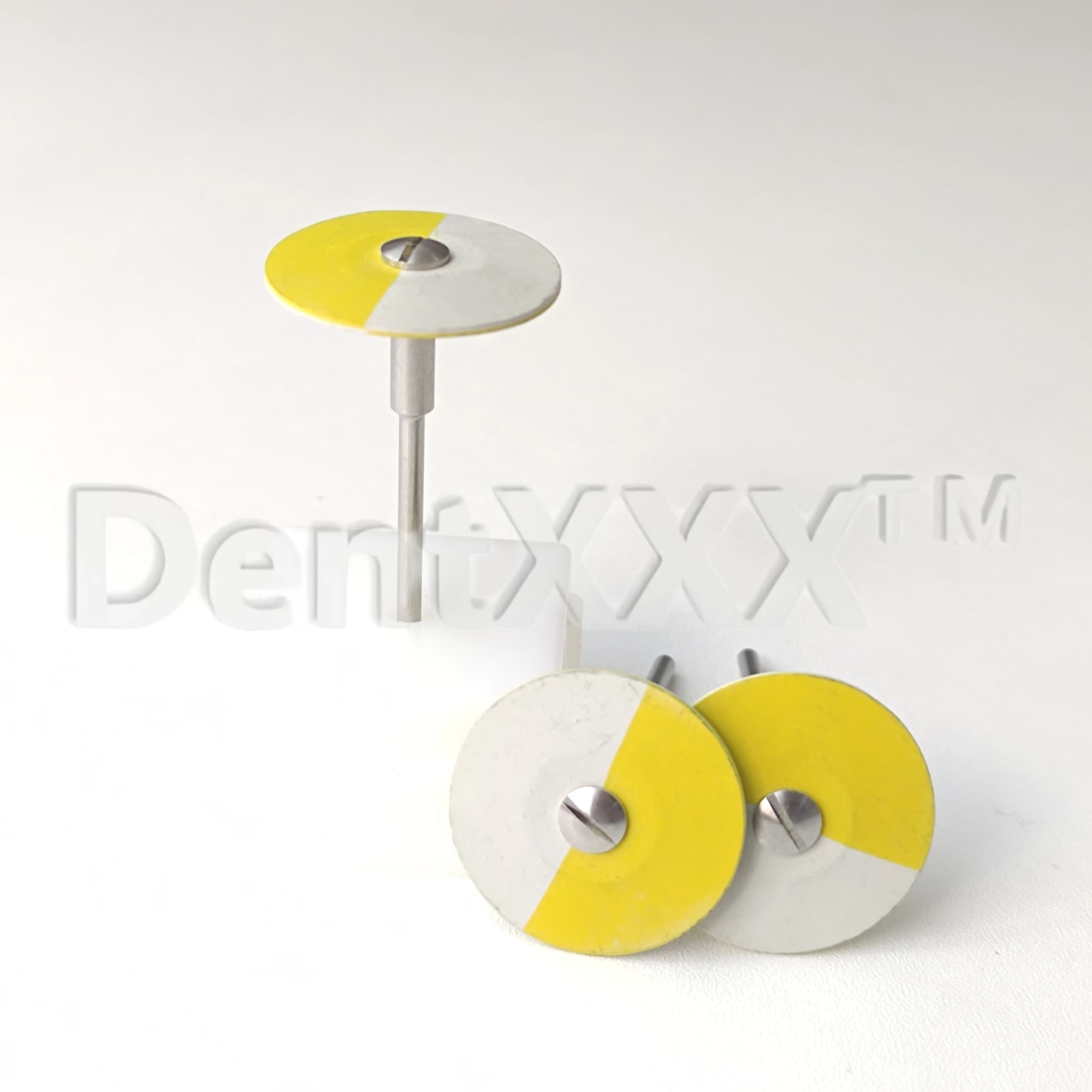 Disco de polimento profissional bicolor amarelo e branco para porcelana e metal com haste metálica