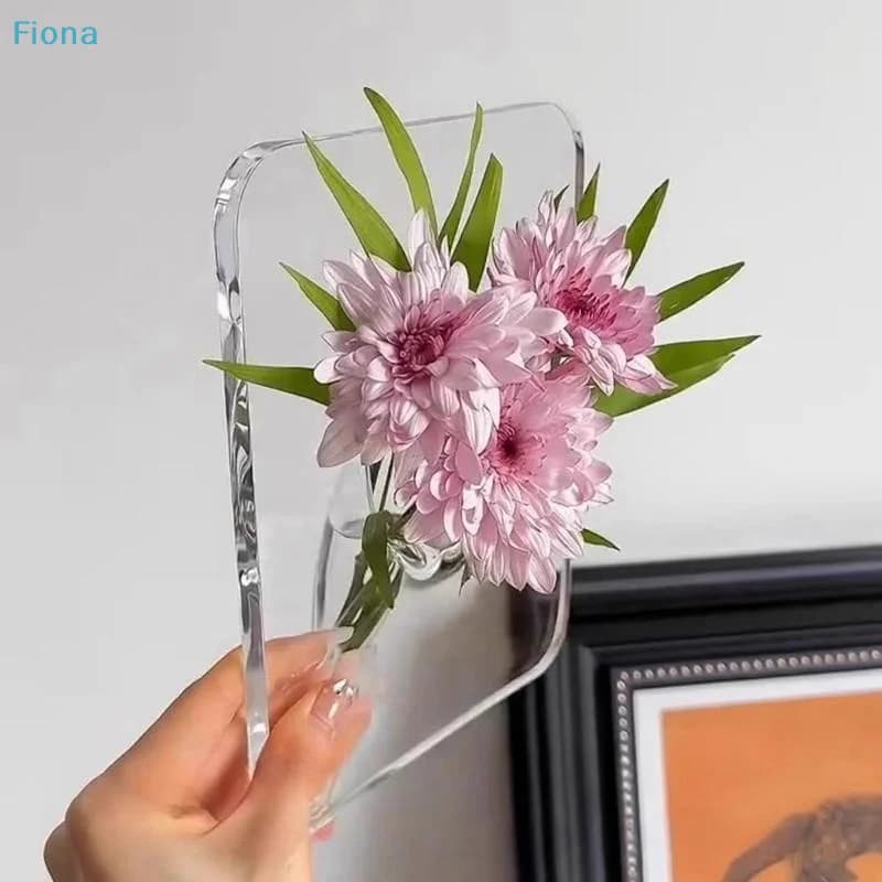 Vaso decorativo acrílico transparente com flores rosas para decoração moderna